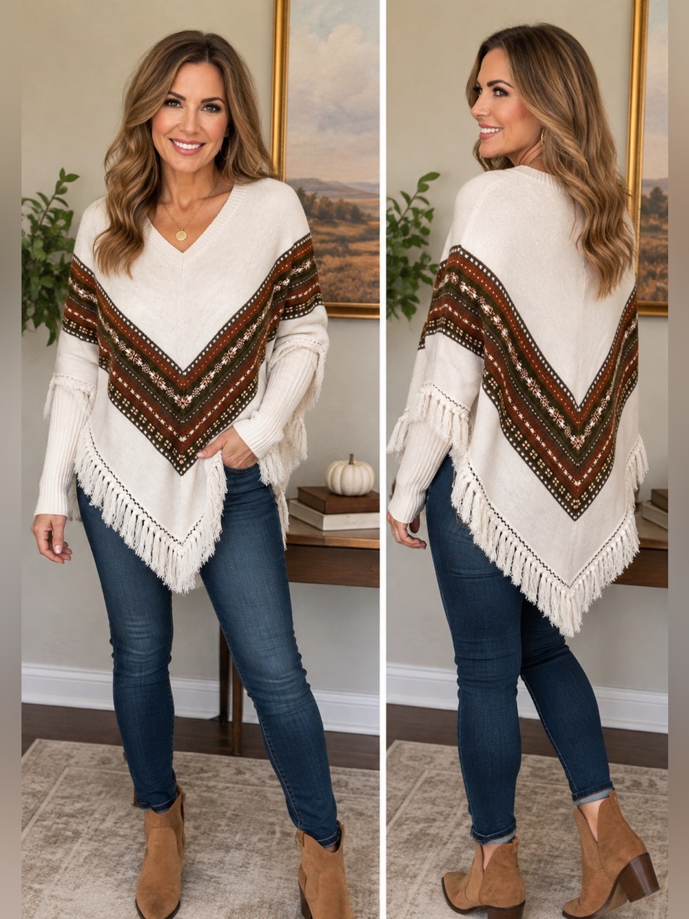 Multiples Women M Knit Poncho Sweater Sleeves Fringe Fair Isle Cream Brown Boho